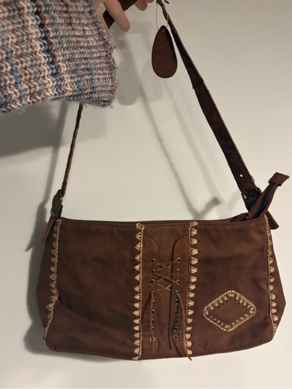 Y2K Brown Faux Suede Lace-Up Shoulder Bag mini